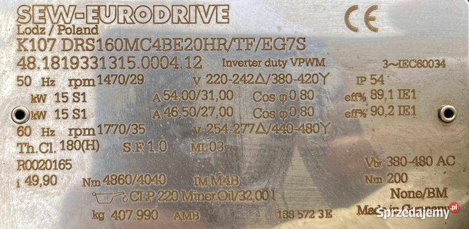 motoreduktor przekładnia 15kW 29obr HAMULEC SEW kujawsko-pomorskie Pigża