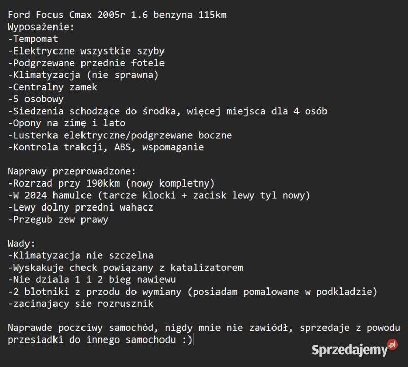 Ford Focus Cmax 1benzyna 115 Krobia