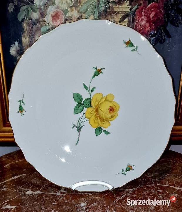 Miśnia Meissen duża patera na ciasto żółta róża biały