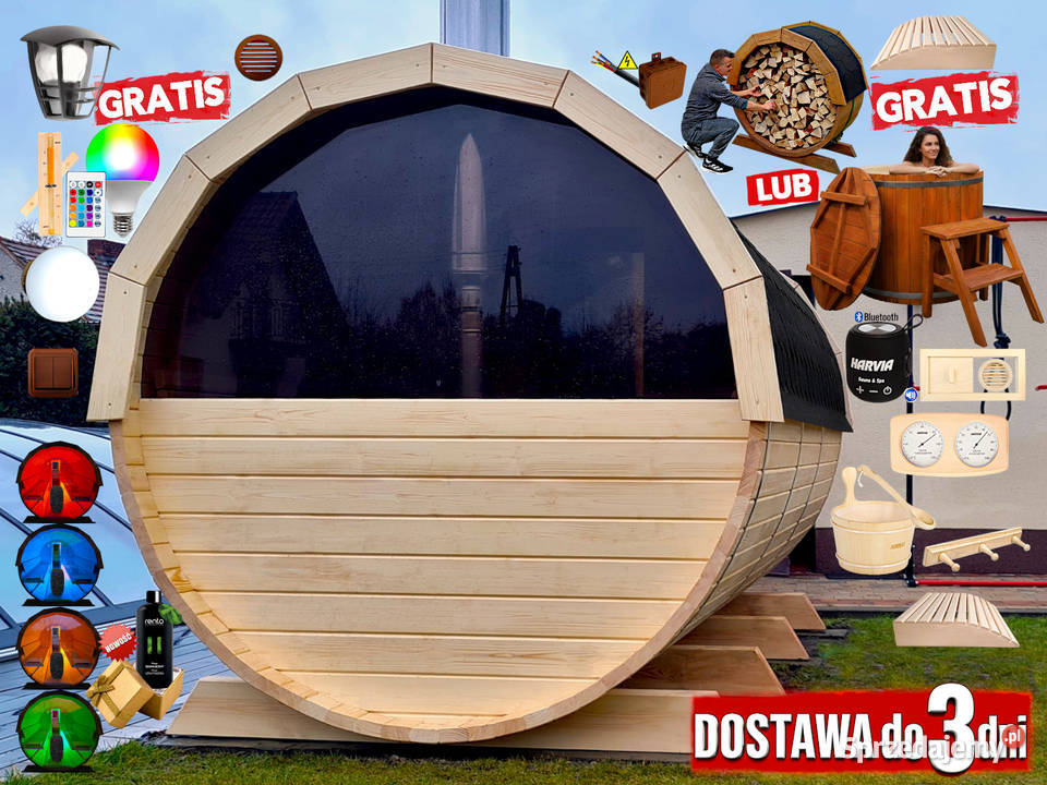 SAUNA Ogrodowa 400 OKNO 50 Beczka 500L Akcesoria Nowy Targ