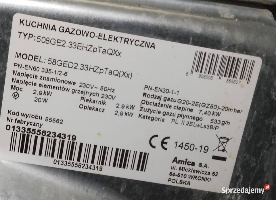 Kuchnia gazowa Amica wolnostojące Płock sprzedam