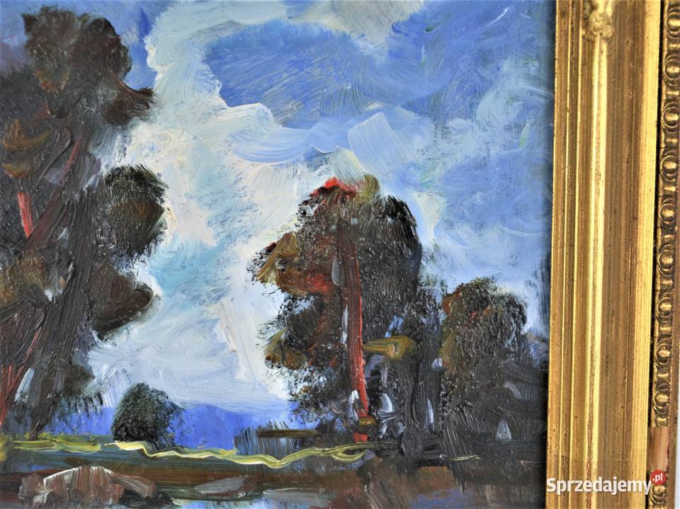 Pejzaż olej na płycie technika mieszana nóż Warszawa