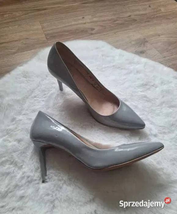 Lakierowane szare szpilki Ryłko skóra naturalna Kraków sprzedam