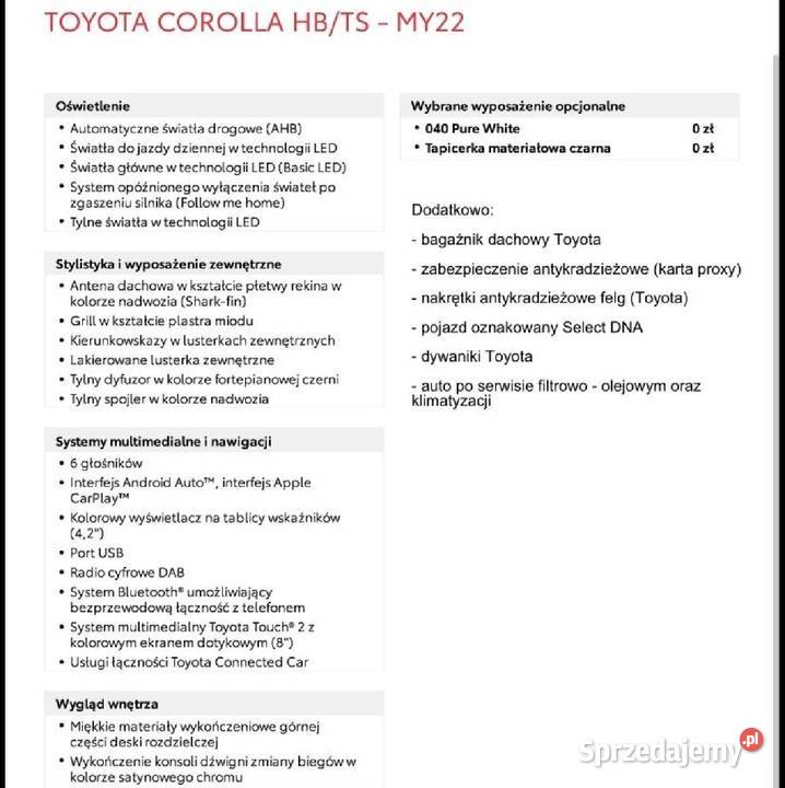Na sprzedaż Corolla XII 2022 Rok produkcji 2022 mazowieckie Płock