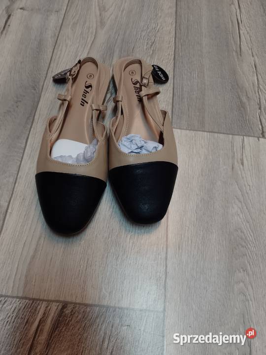 39 Beżowo Czarne baleriny wieczorowe z odkrytą