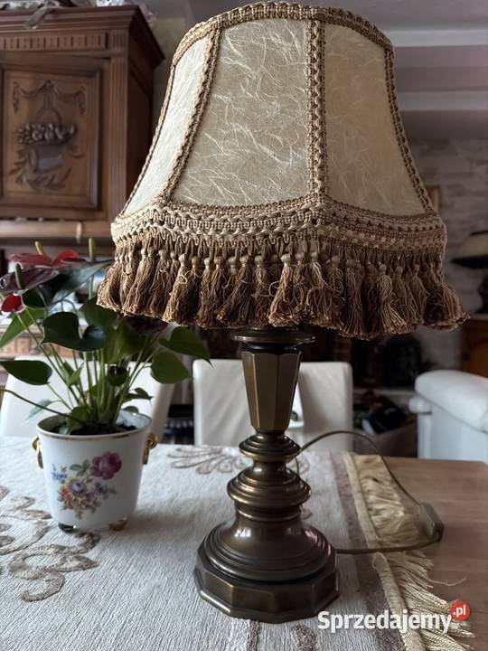 przepiękna mosiężna lampa lampka skórzany abażur dolnośląskie Bystrzyca Kłodzka