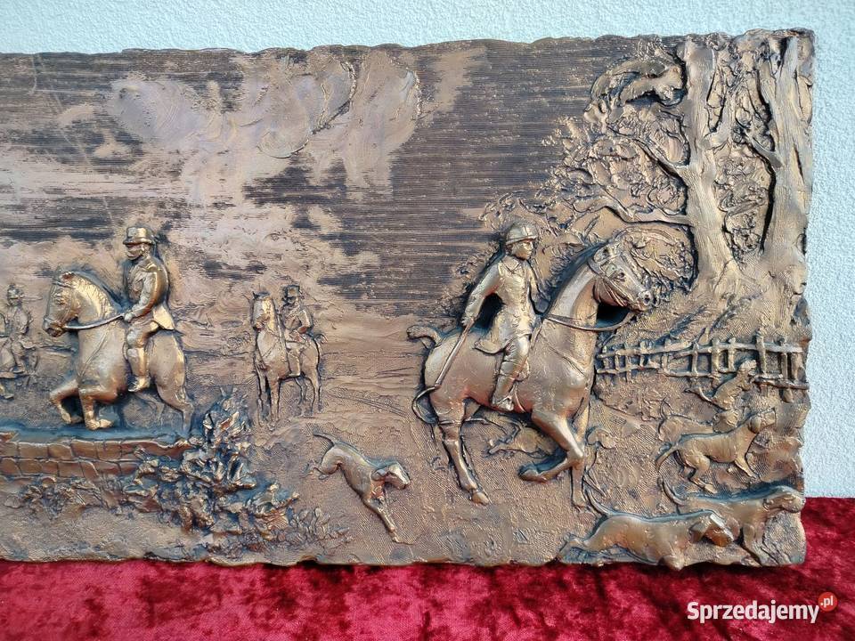Duza piękna płaskorzeźba polowanie konie Antyki Kęty sprzedam