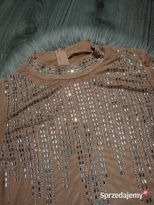 Sukienka beżowa siateczka srebrne cyrkonie Rozmiar 38(M)