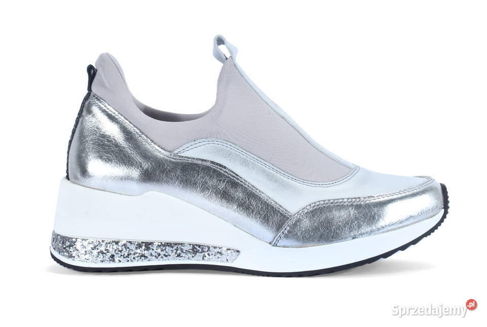 Sneakersy Damskie na Koturnie Biały Srebrny 36 Kalwaria Zebrzydowska