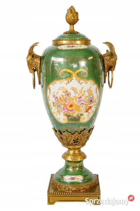 Porcelanowy wazon okuty brązem świecznik zielony Gizałki