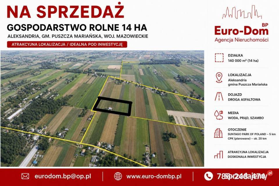Gospodarstwo 14 ha Żyrardowa Grunty i działki Puszcza Mariańska
