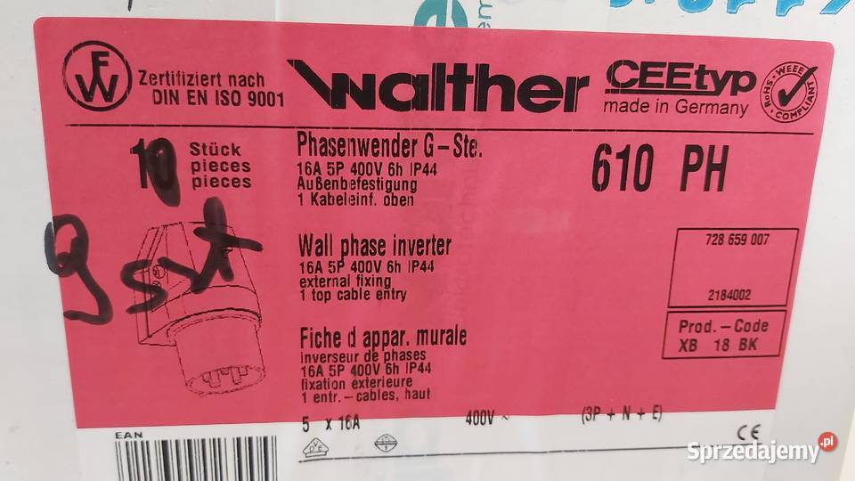 Wtyka siłowa zmiana faz 15A 5P Walther 610PH Wyszków