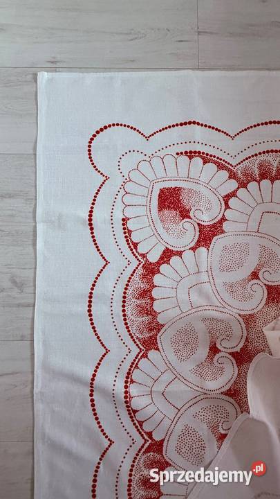 Obrus w kwiaty len 140x130 czerwony biały duży