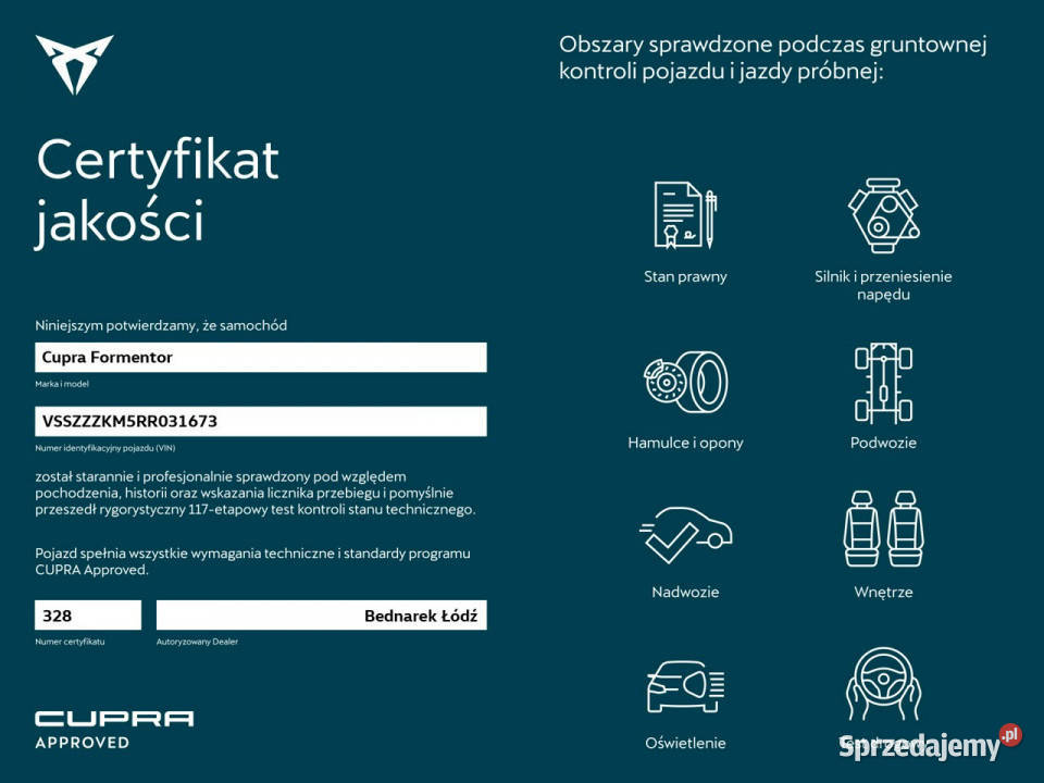 Cupra Formentor Bezwypadkowy Salon Polska Serwis Łódź sprzedam