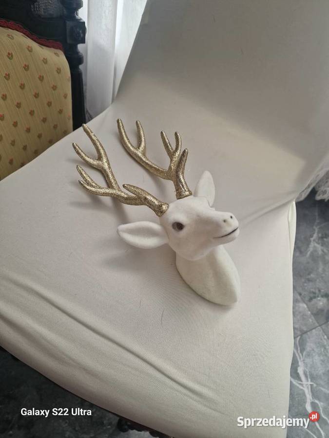 Welurowa głowa renifera biała duża Dom i Ogród