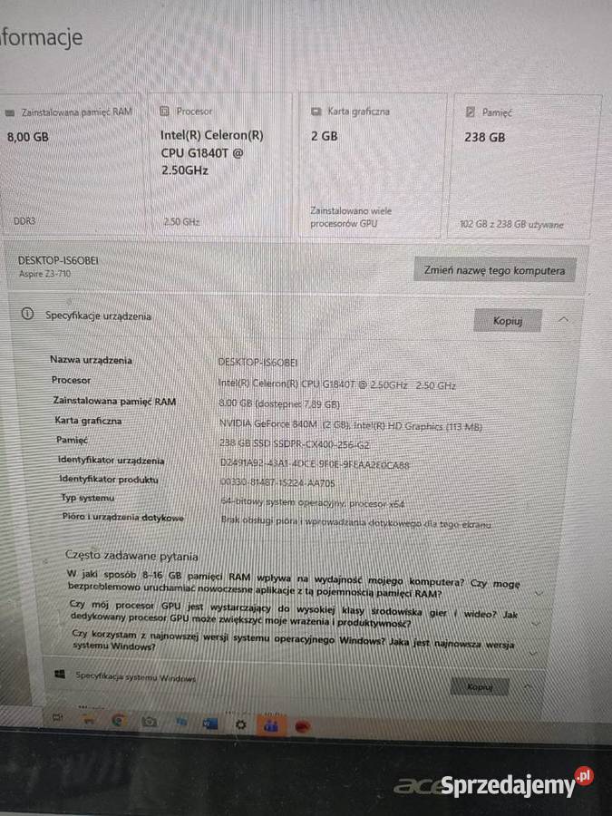 Komputer All i One Acer Aspire Rzeszów sprzedam