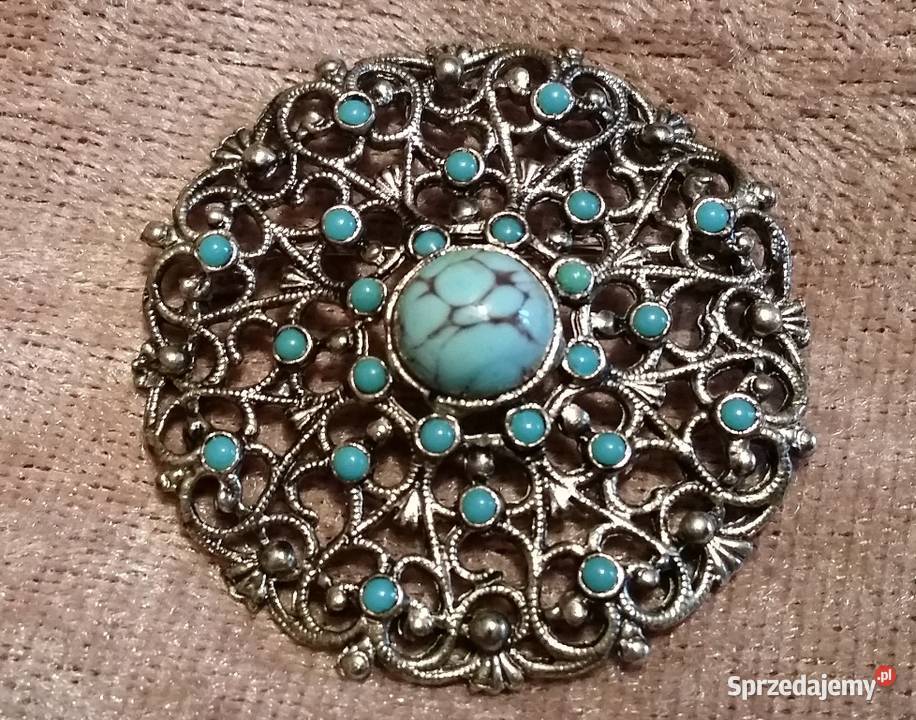 Stara angielska broszka ażurowoturkusowa Ochojno