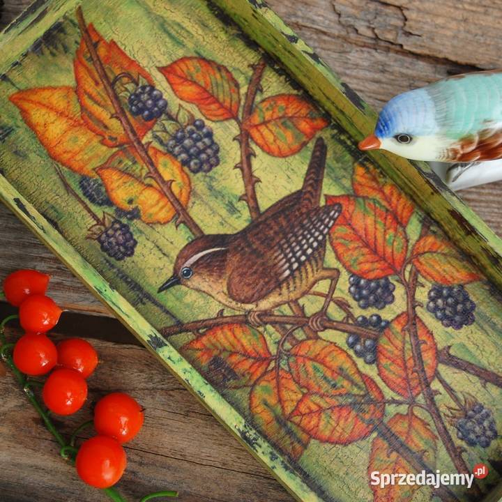 Drewniana tacka malowana ptak strzyżyk jeżyny Lublin