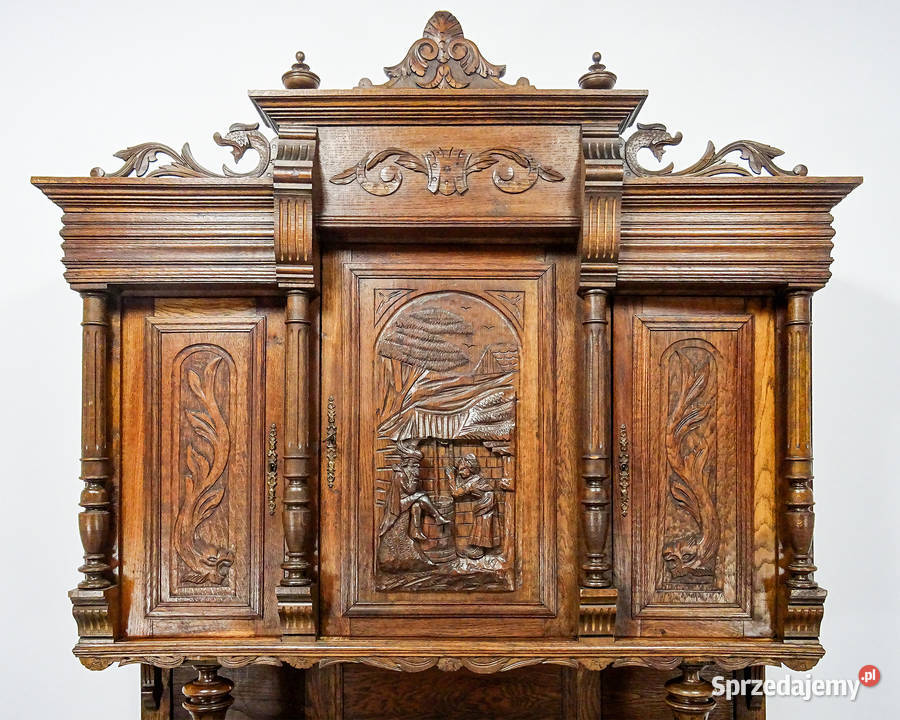 Antyk Dębowy KREDENS drewniany rzeźbiony XX wiek Kalisz