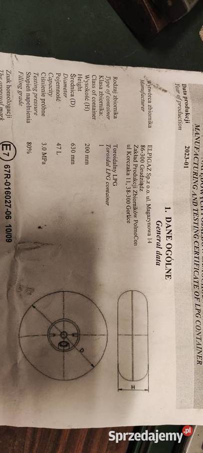 Butla gazowa LPG 47L dwuletnia