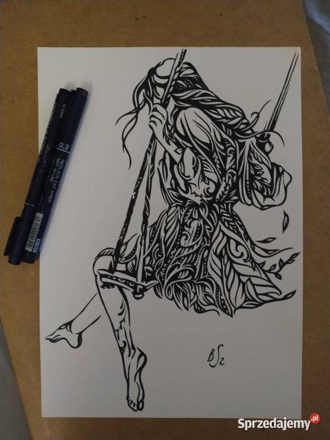 Rysunek dziewczyna na huśtawce cienkopis A4 250 mazowieckie Warszawa sprzedam