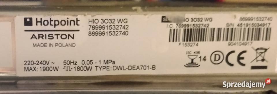 Sprzedam zmywarkę do zabudowy HIO3032WG hotpoint Sierpc