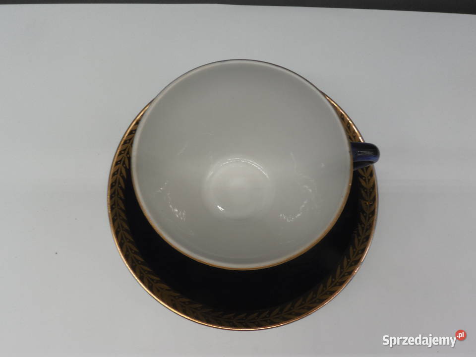 ŁOMONOSOW KOBALTOWA FILIŻANKA ZE SPODKIEM Porcelana i szkło Raszków