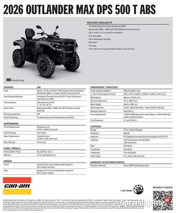 CanAm Outlander DPS T ABS 500 2026 1VTG T3b quad sprzedam