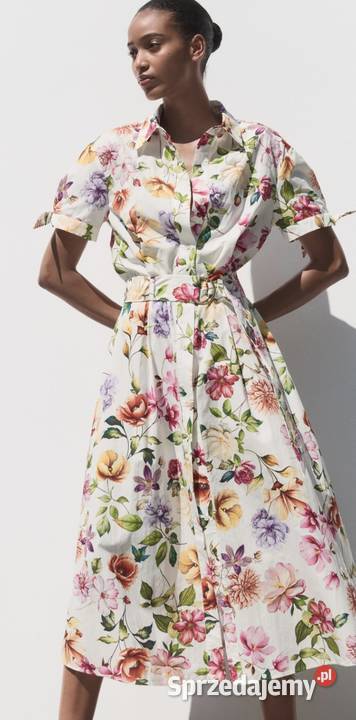 Sukienka midi długa Zara M L bawełna kwiaty zielony Warszawa