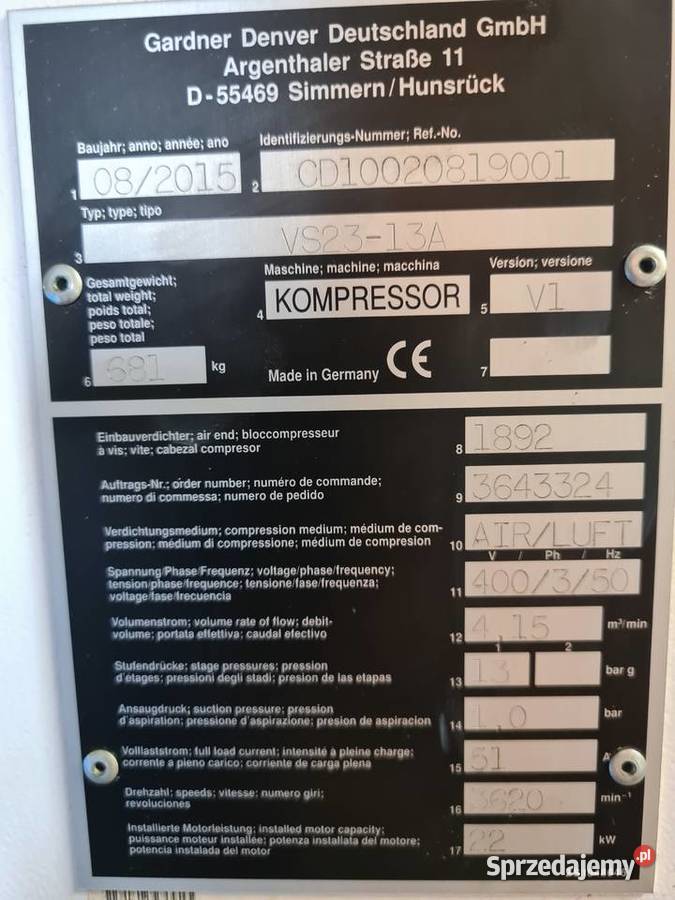 Kompresor śrubowy GARDNER DENVER VS 23 23 kw Zduny sprzedam