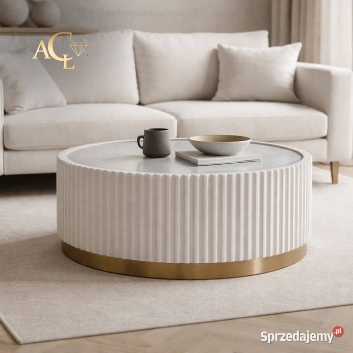 Stolik kawowy ryflowany biały okrągły złoty z Golkowice