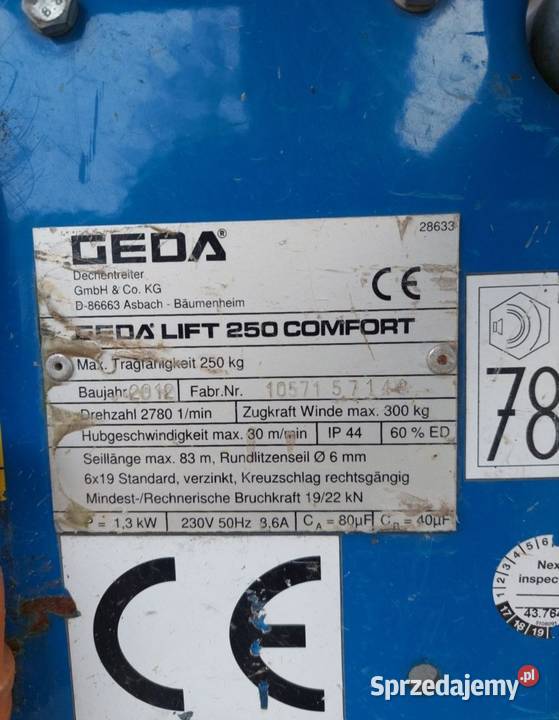 Winda dekarska Geda Lift 250 Comfort 14 m dolnośląskie Milicz