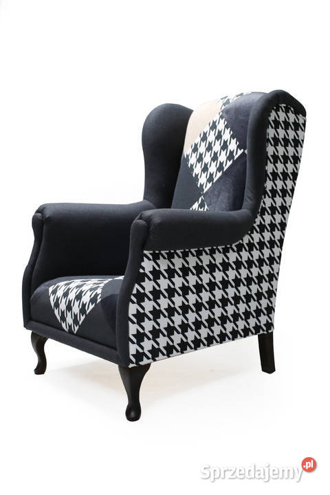Fotel Uszak Nowoczesny Czarno Biały Welurowy