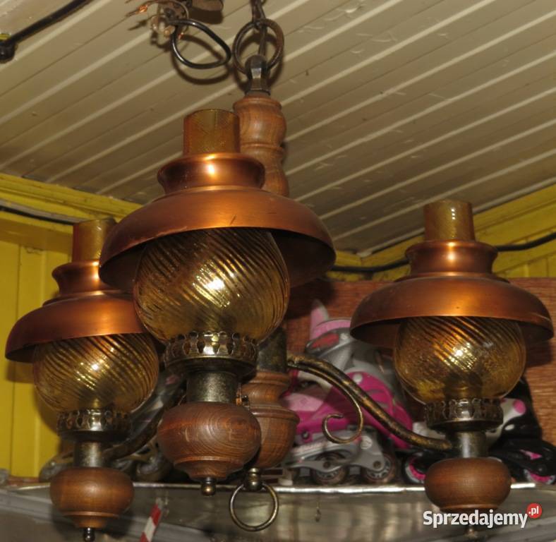 Lampa miedziano drewniana klosze kule sprzedam