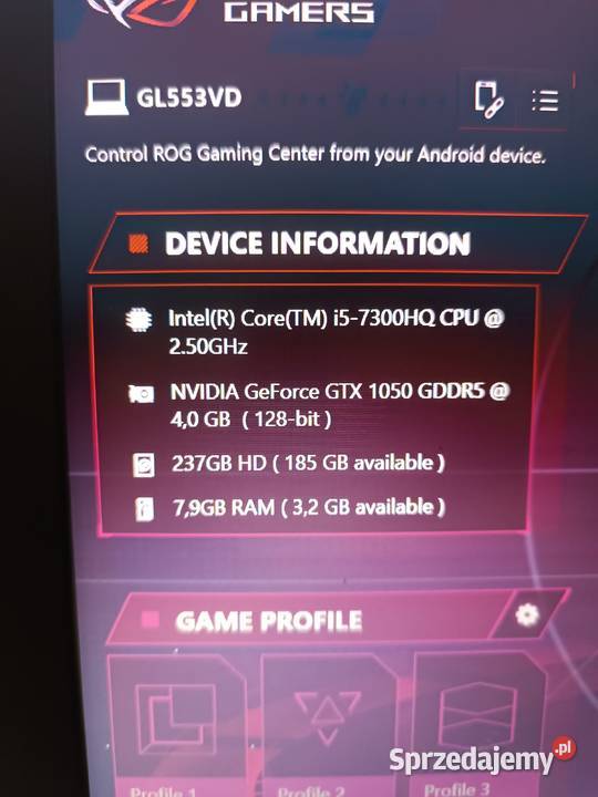 Gamingowy ASUS ROG GL553V i573008GB256 GB Liczba rdzeni 4 Libiąż