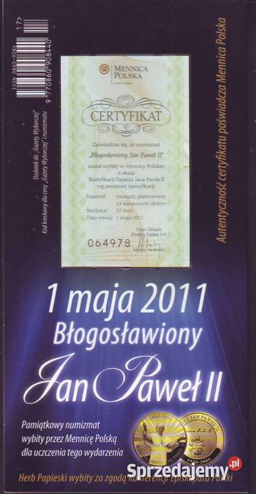 Pamiątka Beatyfikacji Medal Błog JP II 2011 Gliwice
