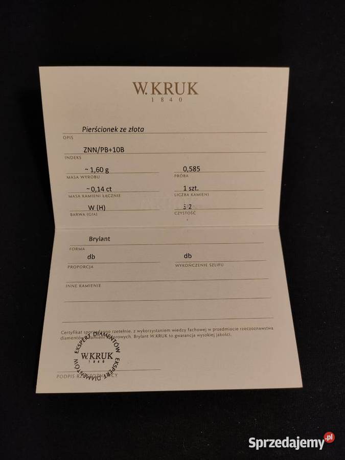 Pierścionek WKruk ZNNPB10B złoty z brylantem złote Lubliniec