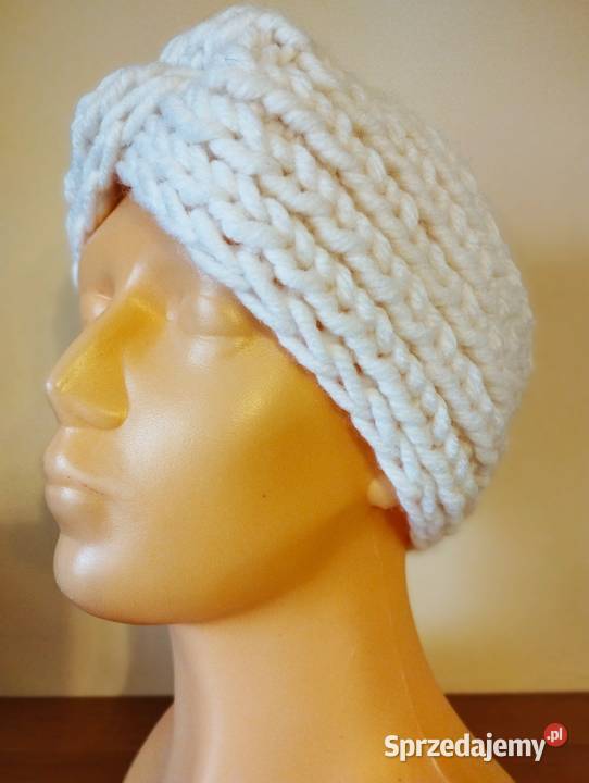 Biała opaska turban wełna 20 handmade