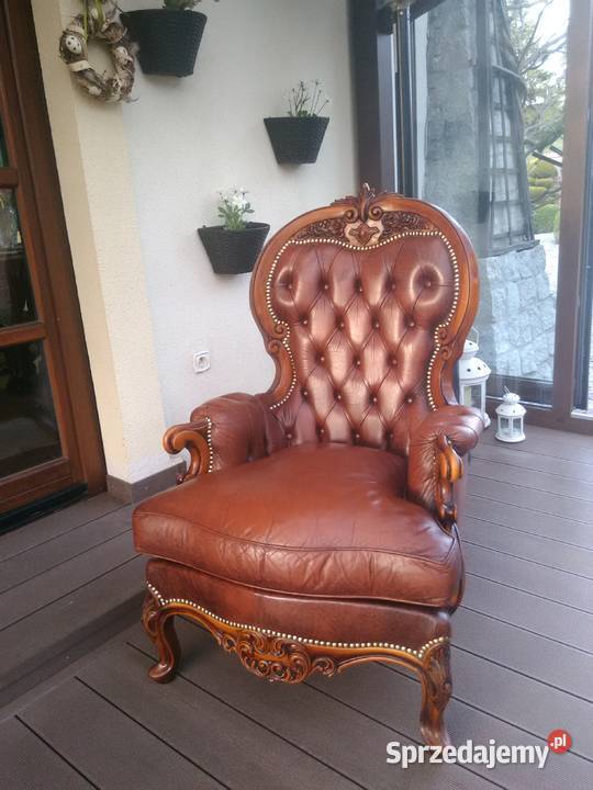 Fotel LudwikBarok Rzeźbione Skóra Antyk Stan Kluki