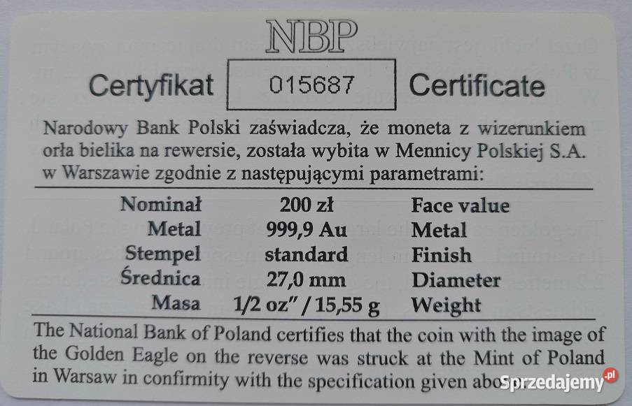 Złota moneta 200 Orzeł Bielik 12 uncji Warszawa sprzedam