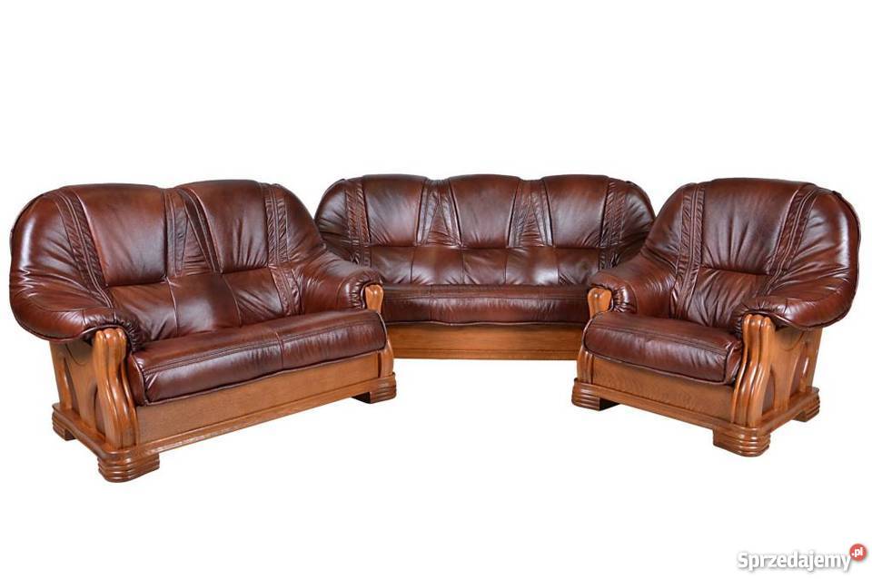 Kanapa 3 osobowa skóra naturalna lite drewno