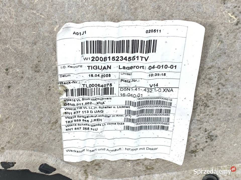 BOCZEK DRZWI LEWY PRZÓD VW TIGUAN SUV 0718 osobowe podkarpackie