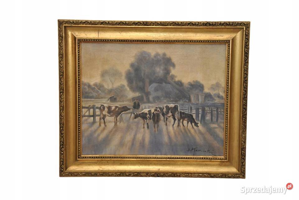 ST Kamocki Pejzaż Polskiej Wsi Krowy w Zagrodzie Obrazki i obrazy Kraków
