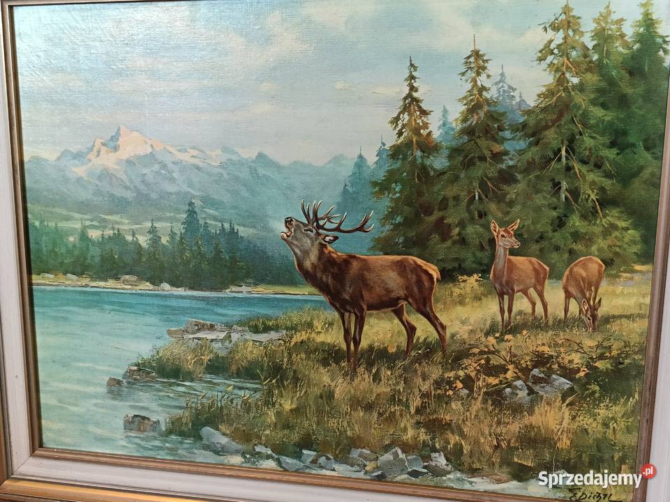 Oleodruk obrazu Ericha Dichtl Stado jeleni Lipno