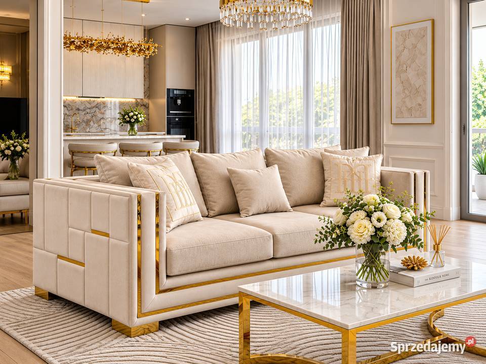 Designerska sofa glamour ze złotymi nogami mazowieckie Warszawa