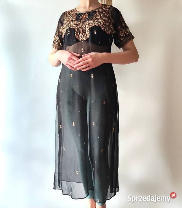 Indyjska tunika vintage retro sukienka czarna krótki