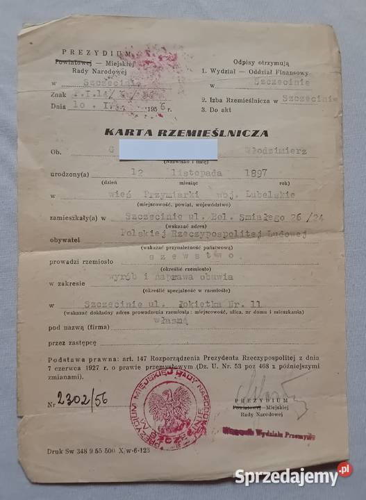 Karta rzemieślnicza szewc Miejska Rada Narodowa