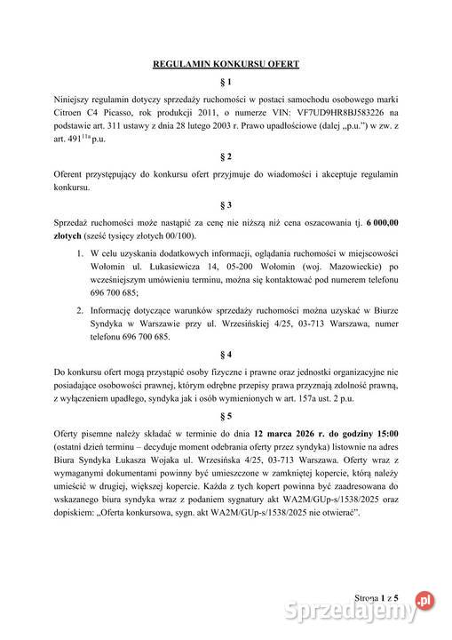 Syndyk sprzeda Citroena C4 Picasso 118KM Warszawa sprzedam