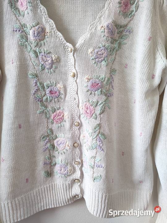 Biały haftowany sweter Kardigan 80 90s Vintage zielony Jasło sprzedam