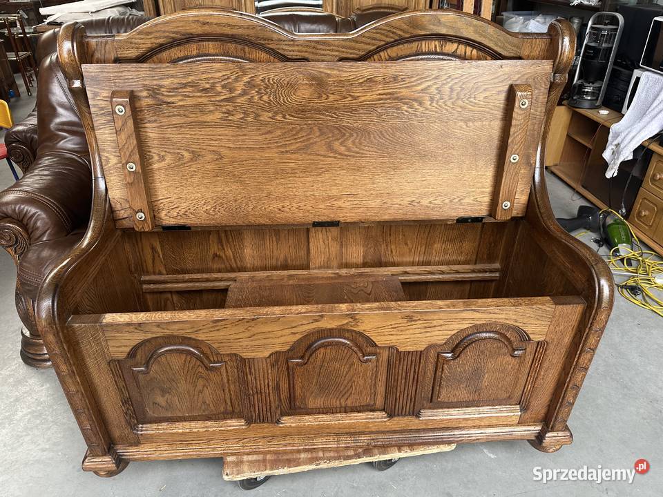 Masywna ciężka dębowa ławka skrzynia 120 Ławki wielkopolskie Sławoszewek